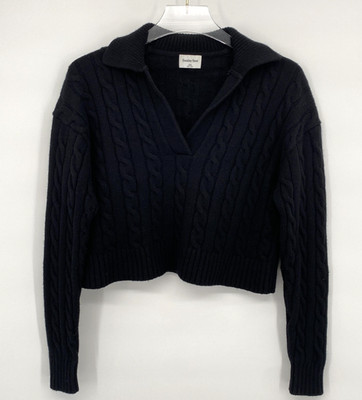 Sunday Best Sweater Womens 2XS Black Cable Knit Relaxed Crop Merino Boxy Preppy
