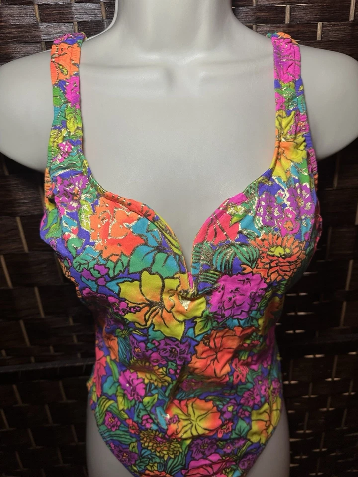 Traje de baño vintage años 80/90 Pro Spirit neón floral de una pieza 13/14 EE. UU. corte alto Foto 2 de 4