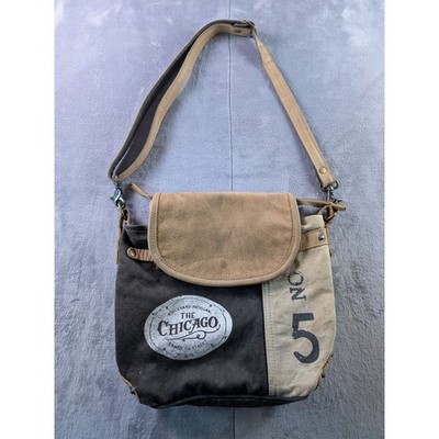 Myra Bag Chicago Canvas Leather Crossbody Messenger Bag Brown Tan S-1125