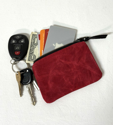 RED WALLET - Waxed Cotton Canvas Zip Zipper simple credit card ID Wallet small