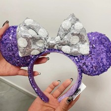 Disney Parks Purple Silver Sequins Minnie Mickey Mouse Ear Bow Headband US