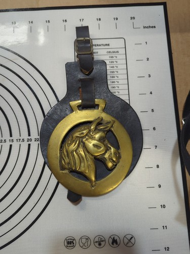 VINTAGE BRITISH HORSE HEAD DRAFT BRASS W/LEATHER