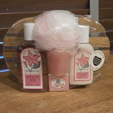 Emilie Robin Plumeria Gift Set Apple Wooden Trivet Gel Lotion Candle Soap Scrub