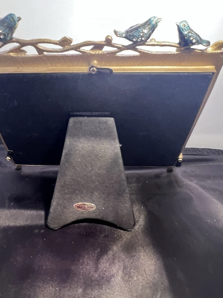 Marco de fotos de pájaros en rama soporte de fotos 6x4 dorado con esmalte azul pájaros Foto 3 de 3