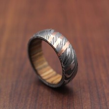 Men  s Damascus Steel Ring with Copper Inlay  Oxidized Pattern Band, Rustic band