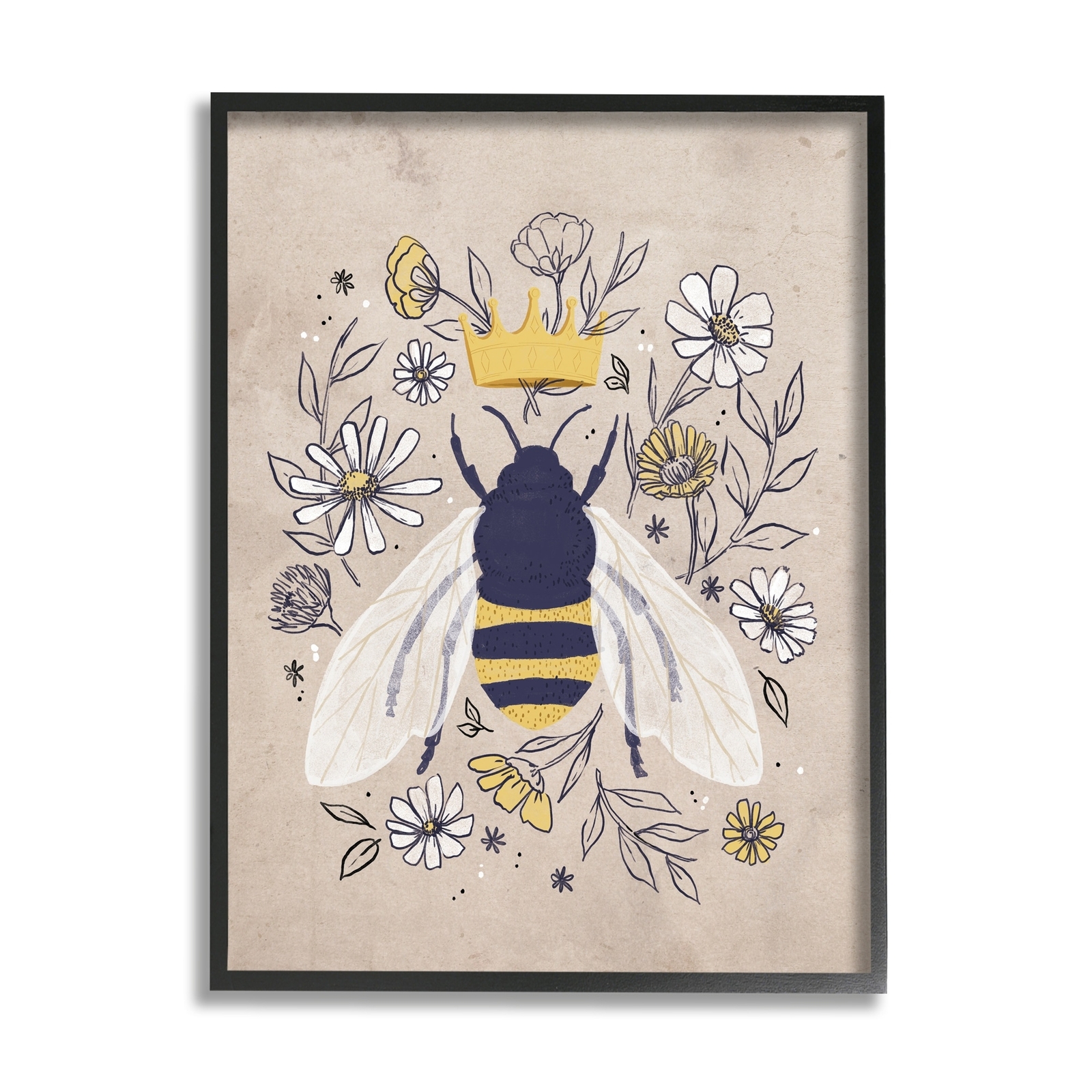 Stupell Queen Bee with Crown Yellow White Daisy Florals  16 x 20