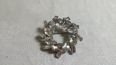 Silvertone Metal Clear Crystal Teardrop Rectangle Encrusted Circle Brooch Pin 