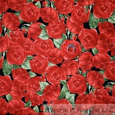 BonEful Fabric FQ Cotton Quilt Black Red Rose Flower Garden Bloom Green Leaf USA