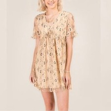 Francesca’s Liv neutral beige floral lace v neck shift mini dress size small