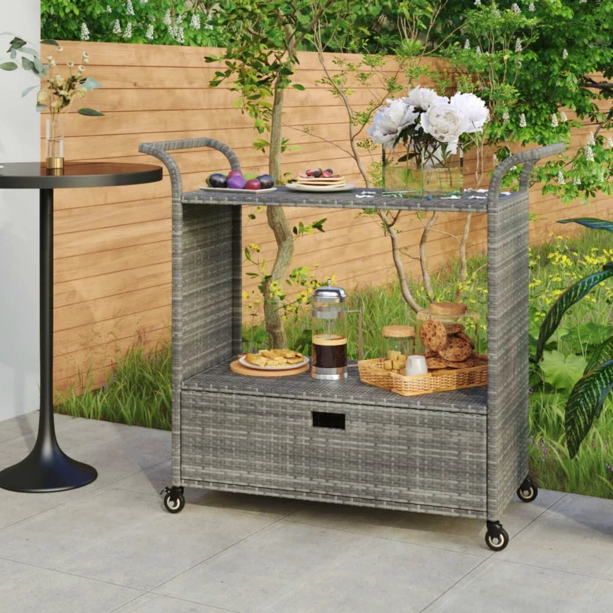 Garden Drinks Trolley Outdoor Rattan Furniture Modern Patio Bar Table Grey Cart