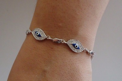 925 STERLING SILVER EVIL EYE BRACELET W / 2 CT LAB DIAMONDS