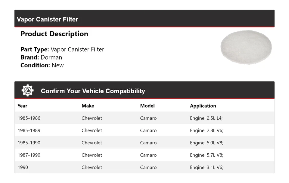 Filtro de bote de vapor para Chevrolet Camaro Dorman 1985-1990 1986 1987 1988 1989 Foto 2 de 4