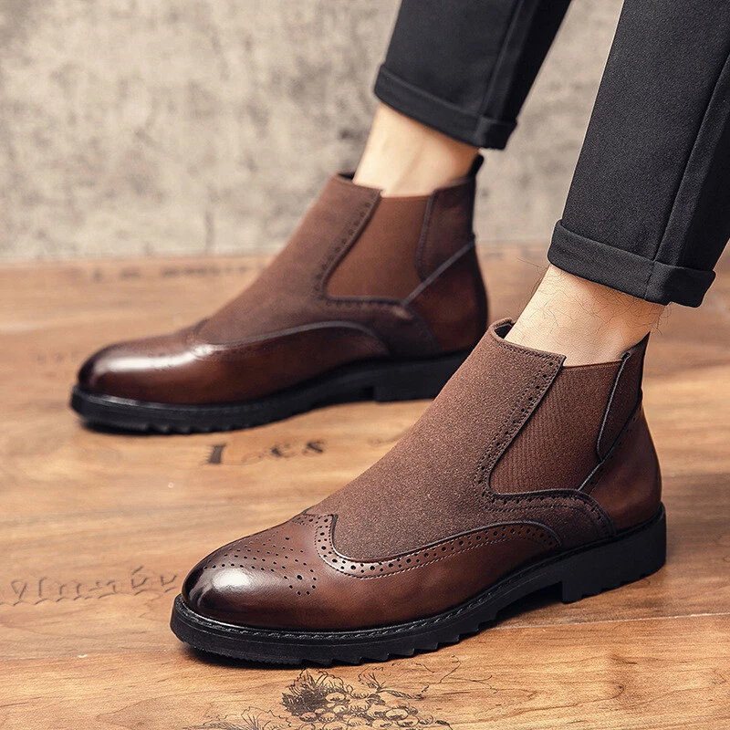 Spring Fall New Mens Business Leather Ankle Boots British High Top Chelsea Shoes