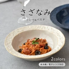 Japanese Mino Ware Beige and Blue Ceramic Ripple Bowl Curry Bowl Salad Plate