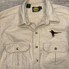 Cabela's Shirt Men's Lrg Tan Flannel Cotton Made In USA Embroidered Pheasant0074