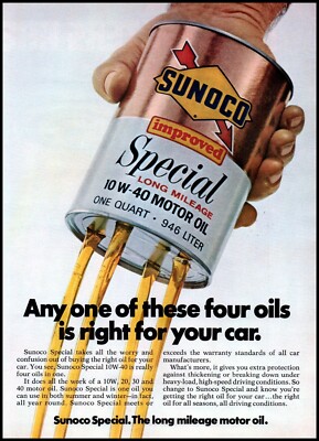 1972 Sunoco Special Long Mileage Motor Oil Can Vintage Print Ad Sun Oil Wall Art