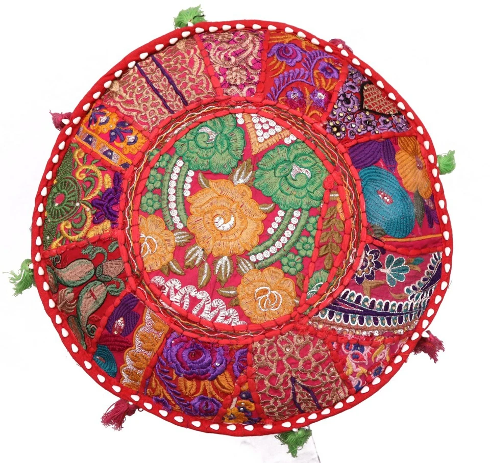 Capa de cadeira 18" indiana bordada à mão otomana pufe pé assento vermelho - Imagem 2 de 4