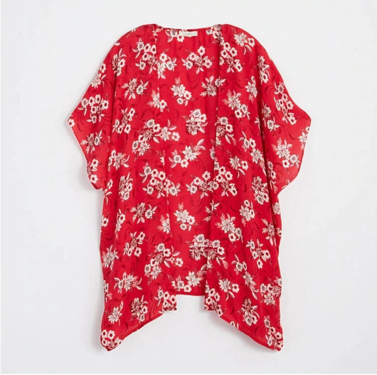 Loft Women's XS S M L Kimono Floral Open Front Red Zinnia Garden Wrap Cover Red