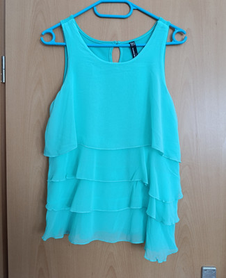 Blind Damen Tunika-Bluse M türkis ärmellos Rundhals Rüschen Lagenlook