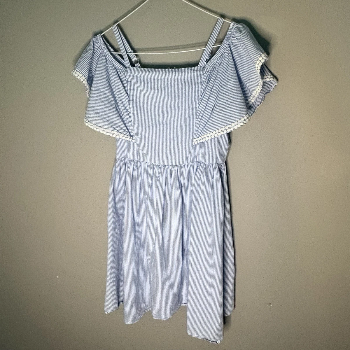 BGBG Girls Off-Shoulder Summer Dress Size 16 Blue White Stripe Embroidered