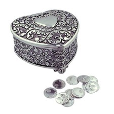 Arras De Boda Gift Set 13 Coins Wedding Metal Box Heart Shaped Spanish Silver