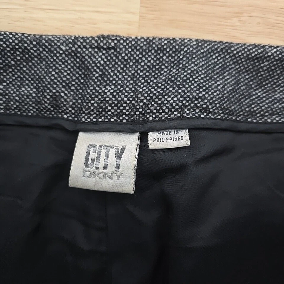 Pantalones de lana gris oscuro para mujer DKNY talla 8 pierna ancha puños tiro medio tweed oficina Foto 3 de 4