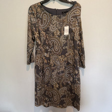 Connected Apparel Brown Beige Paisley Knit Sheath Dress 8 3/4 Sleeve Stretch