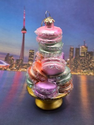 SUGARED STACKED MACARONS TOWER Glitter Glass Ornament 5  Pastels Dessert Cookie