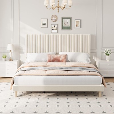 Bed Frame with Adjustable Headboard, Upholstered Platform King Size Bed Frame