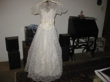 Vintage White Floral Lace Gown w/ Satin Lining, Off-White Pleated Waist  Sash