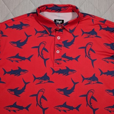 Waggle Golf Polo Shirt Shark Print Short Sleeve Performance Men's 2XL Red/Navy 