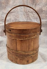 Primitive Antique Vintage Wood Firkin Banded Sugar Bucket w/Handle & Lid