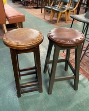 Pair of vintage style, rustic bar / pub stools with brown leather tops