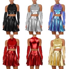 Women Outfits Rave Miniskirts Carnival Crop Tops Sparkly Metallic 3 Piece Show