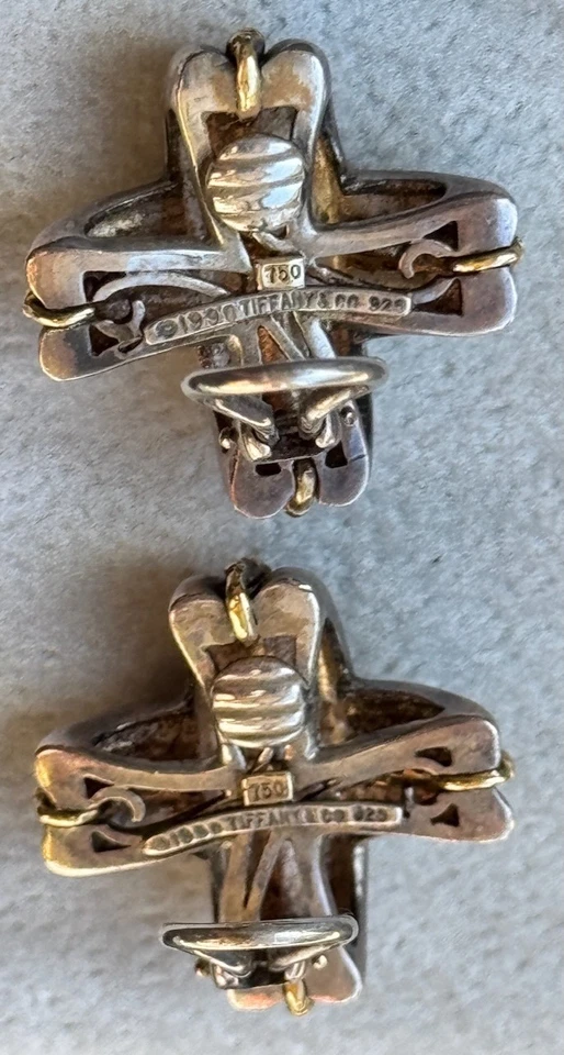 复古 Tiffany & Co 18K 925 纯银签名 "X" 电缆十字夹耳环 — 第 2/2 张图片