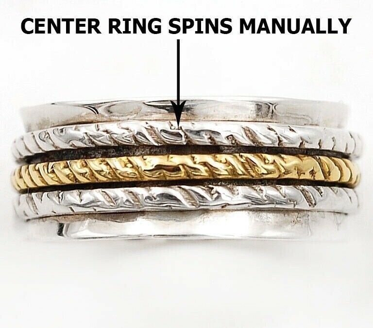 Two Tone Meditation Spinner 925 Solid Sterling Silver Band Ring Sz 7.5