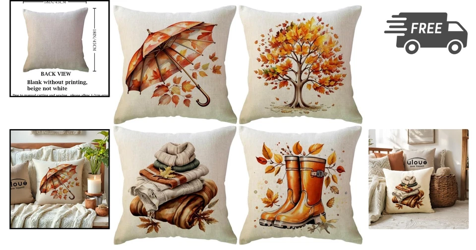 4PCS Fall Pillow Covers 18x18 Inch Maple Tree Umbrella Cozy Scarf Harvest Decor - Image 2 of 4
