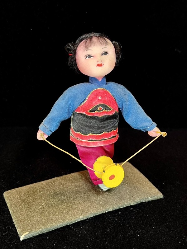 Vintage Silk Doll Figure, Asian Girl Chinese Painted Face 4" Juggler