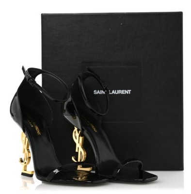 Saint Laurent OPYUM 110 YSL High Heel/Patent Leather Gold Logo Sandals /SZ: 