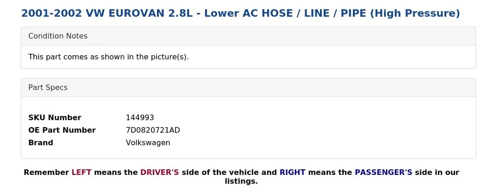 VW EUROVAN 2001-2002 2,8 L - MANGUERA DE AIRE ACONDICIONADO INFERIOR / LÍNEA / TUBO (alta presión) Foto 4 de 4