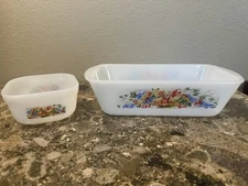 Vtg Glasbake Ovenware Milk Glass Loaf Pan J522 FireKing Square Fridge Bowl Fruit