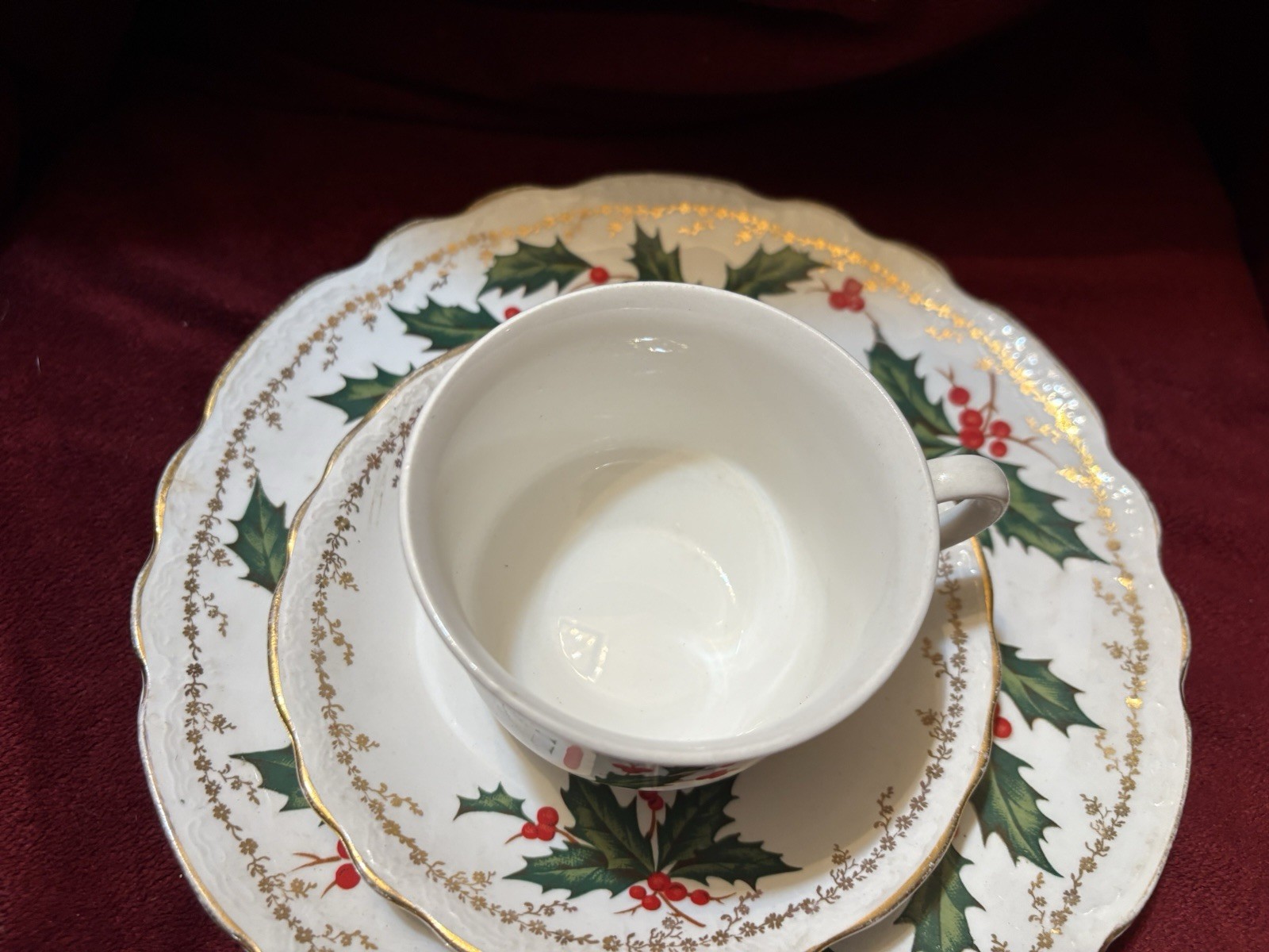 Rare Vintage Homer Laughlin Hudson Set Xmas Plate Cup Saucer Holly Berry Gold 3