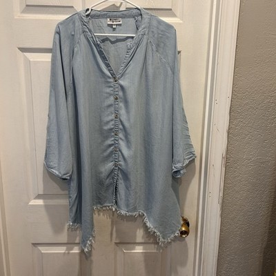 Hester & Orchard Womens 2X Light Blue Tencel Button Up Frayed Hem Tunic Blouse