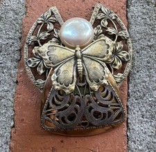 Vintage 1996 AOL Jane Angel Butterfly Brooch Pin Mixed Metal Faux Pearl Signed