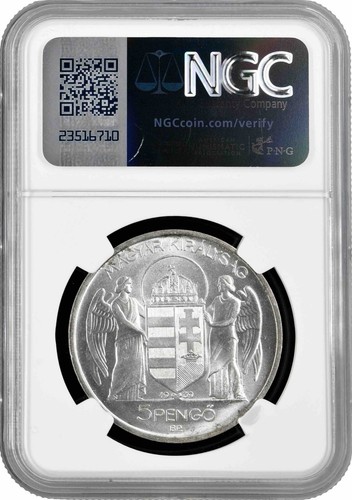 Hungary 5 pengo 1939 BP, NGC MS64, "Admiral Miklos Horthy" silver coin - Picture 2 of 2