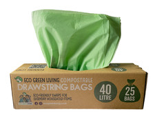 Eco Green Living 40L Certified Compostable Drawstring Bin Bags 25 Bags