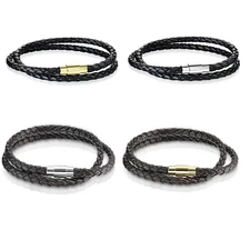Double Wrap Braided Bolo Leather Bracelet With Magnetic Stainless Steel Clasp