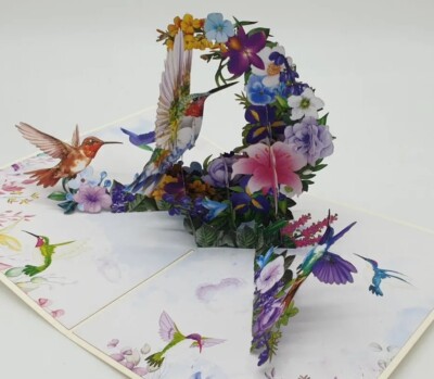 3D Pop Up Karte Blumen Kolibri Lila  Geburtstag Freundschaft