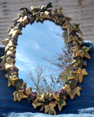 RARE! Wonderful Ornate Hand Painted Cast Iron Grape Leaf  Hanging Wall Mirror 