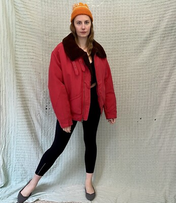 Vintage 90s Red Bomber Puffer Coat Mouton Sheepskin Collar